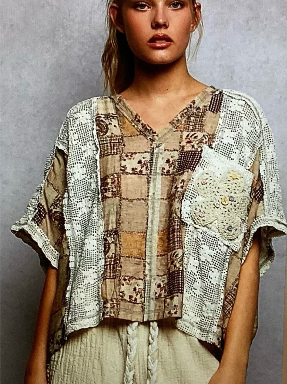 POL Patchwork Crochet Lace V-Neck Top